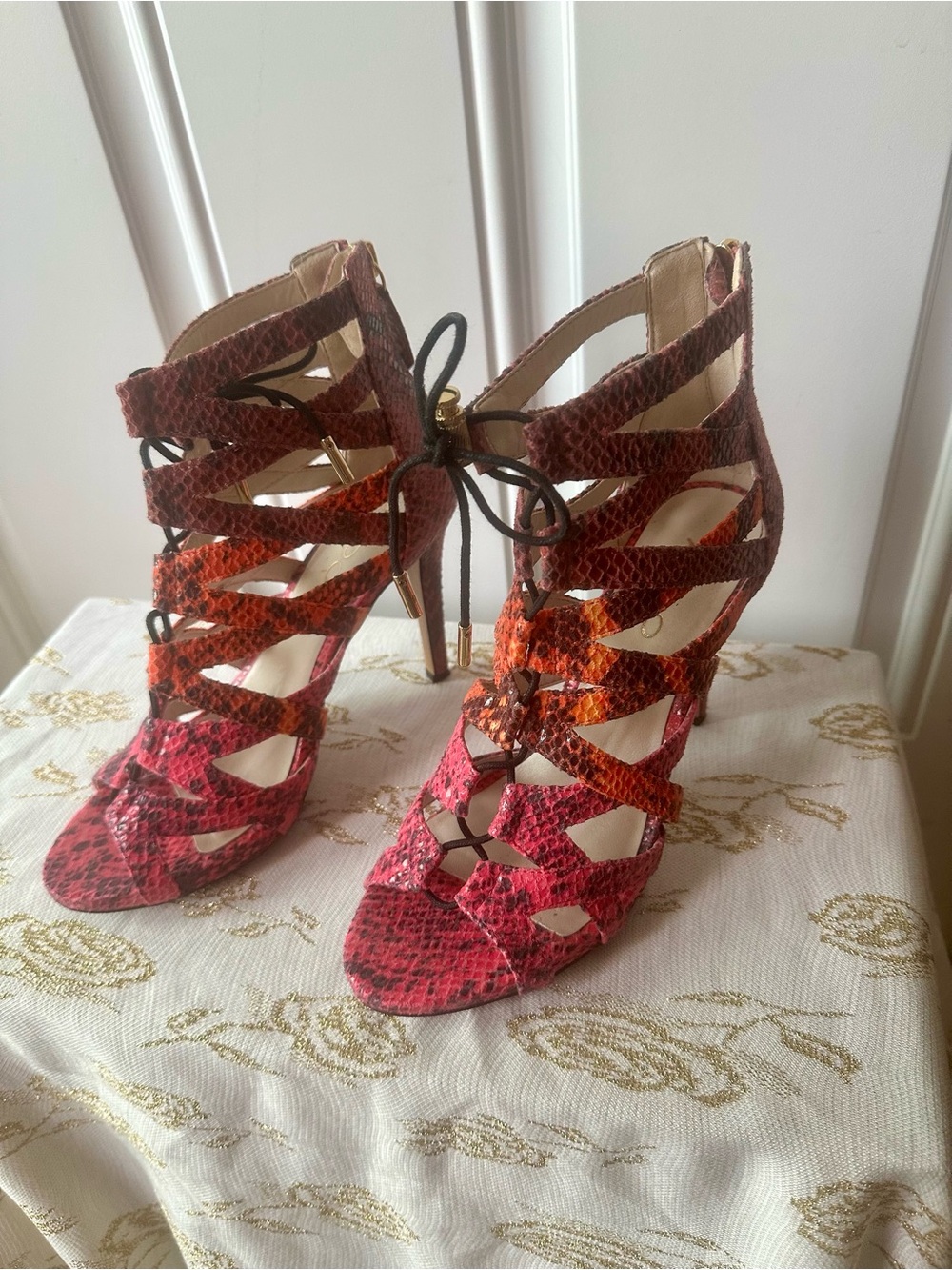 ALDO Pink Orange Burgundy Snake-Print Lace-Up Stiletto Sandals
